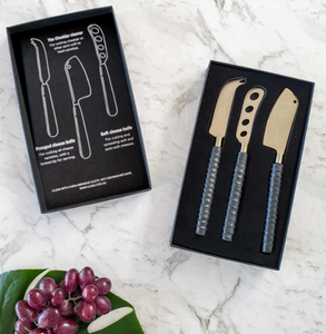 BRASS & LEATHER CHEESE KNIFE SET