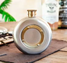 Load image into Gallery viewer, STEEL AND ANTIQUE BRASS HIP FLASK