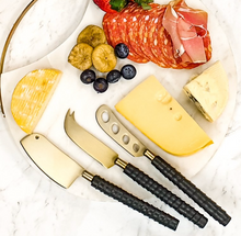 Load image into Gallery viewer, BRASS &amp; LEATHER CHEESE KNIFE SET