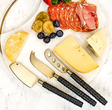 BRASS & LEATHER CHEESE KNIFE SET
